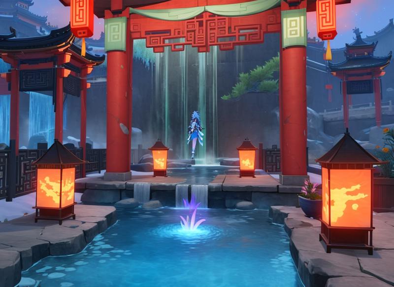 37715-3678158942-style honkai star rail, highres, soft lighting, waterfall, river, lily pads, glowing, chinese architecture, shiisa statue.png